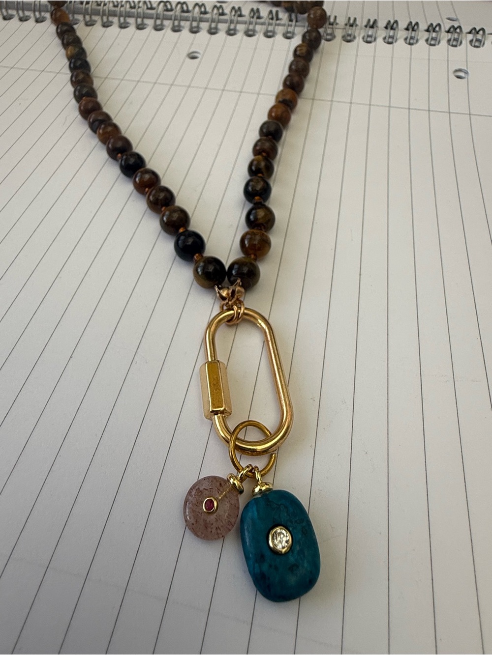Beaded Tiger Eye Necklace with Gold Clasp and Teal & Brown Charms